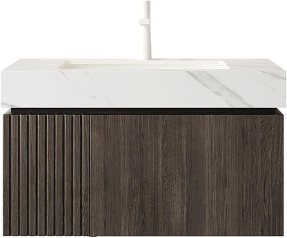 KEIKI 30 Inch Floating Bathroom Vanity with Sink, Espresso & White | Modern Wall Mounted Storage Cabinet w/ Drawer & Door, Pre-assembled Wood Panels, Sintered Stone Top & Ceramic Basin Combo Set