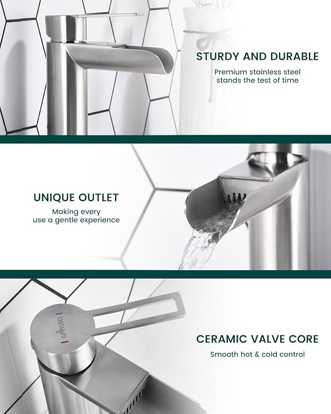 APPASO Brushed Nickel Bathroom Faucet 1 Hole, Single Handle Stainless Steel Sink Faucet with Pop-Up Drain and Deck Plate, Easy Installation Single Hole Waterfall Faucets for Bathroom Vanity Laundry