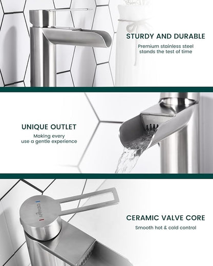 APPASO Brushed Nickel Bathroom Faucet 1 Hole, Single Handle Stainless Steel Sink Faucet with Pop-Up Drain and Deck Plate, Easy Installation Single Hole Waterfall Faucets for Bathroom Vanity Laundry