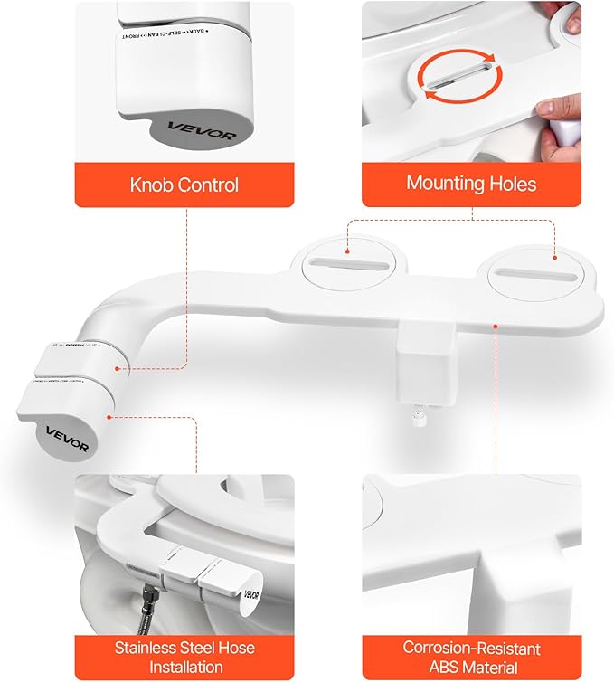 VEVOR Bidet Attachment for Toilet, Self-Cleaning Bidet Toilet Seat Attachment - Dual Retractable Nozzles, Adjustable Water Pressure, Easily Installed Cold Water Sprayer for Rear Feminine Wash, White