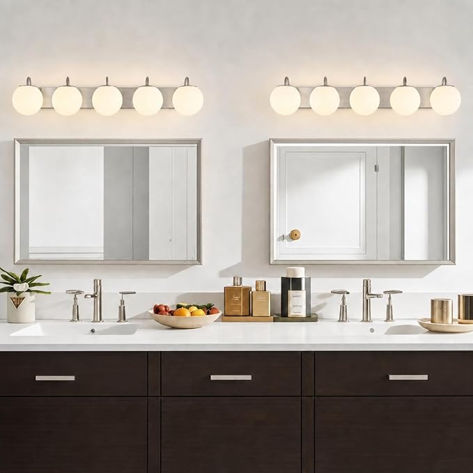 5 Lights Vintage Bathroom Vanity Light Fixtures Over Mirror, Brushed Nickel Vanity Lights For Bathroom With Milk White Glass Globe Shade, Wall Lights For Bedroom, Hallway, Dressing Table(G9 Incl.)
