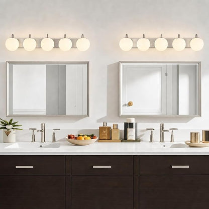 5 Lights Vintage Bathroom Vanity Light Fixtures Over Mirror, Brushed Nickel Vanity Lights For Bathroom With Milk White Glass Globe Shade, Wall Lights For Bedroom, Hallway, Dressing Table(G9 Incl.)