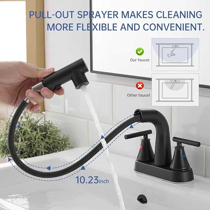 FRANSITON Bathroom Faucets with Pull Out Sprayer, 4 Inch Black Bathroom Faucet 3-Hole, 2 Handle Pull Down Sprayer Bathroom Sink Faucet with 360 Swivel Spout, Metal Pop-Up Drain
