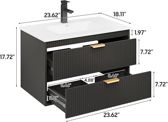 Vabches 24 Inch Bathroom Vanity with Sink, Wood Grain Wall Mounted Vanity with 2 Storage Darwers, Floating Bathroom Vanity with Storage, Bathroom Floating Vanity with Sink, Faucet, Drain, Black