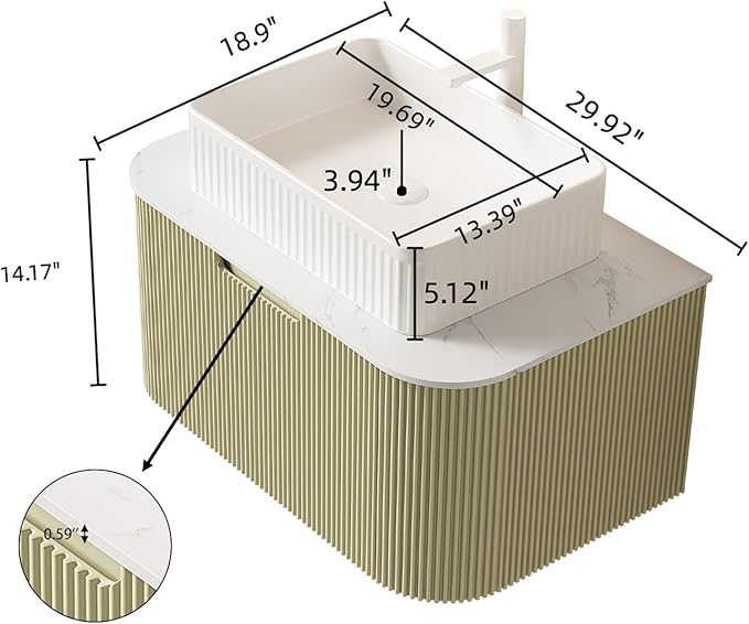 Yayzy 30" Floating Bathroom Vanity with Sink, Solid Wood Fluted Cabinet, White Fluted Square Ceramic Basin & Faux Marble Top, Soft-Close Drawer, Pre-Assembled, Light Green