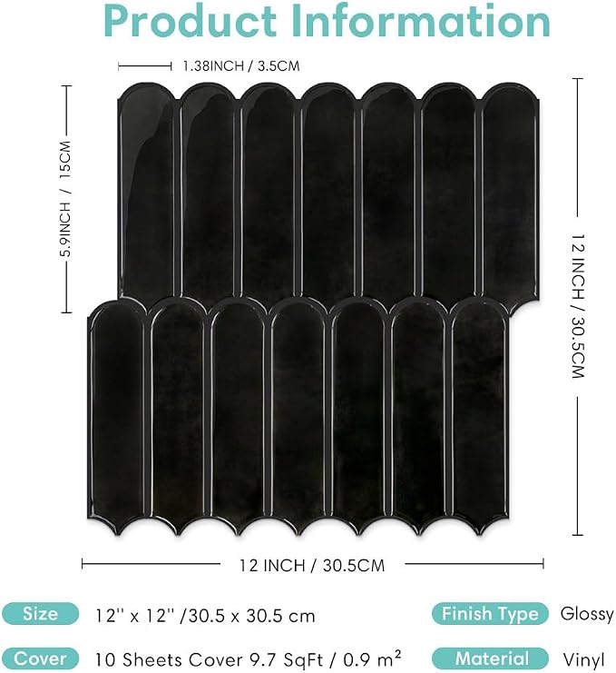 Commomy Thicker Black Peel and Stick Backsplash - 10 pcs of 12" x 12" - 3D Adhesive Peel and Stick Tiles Backsplash for Kitchen, Bathroom, Removable, Waterproof, Vinyl Wall Tile