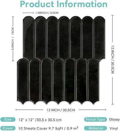 Commomy Thicker Black Peel and Stick Backsplash - 10 pcs of 12" x 12" - 3D Adhesive Peel and Stick Tiles Backsplash for Kitchen, Bathroom, Removable, Waterproof, Vinyl Wall Tile