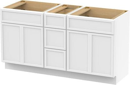HomeBeyond 60 Inches Bathroom Vanity Base Cabinet Without Sink, Double Sink Top Sturdy Floor Mounted Cabinet with Door & Soft Closing Drawers, White, VA4124-2+VA4112-3