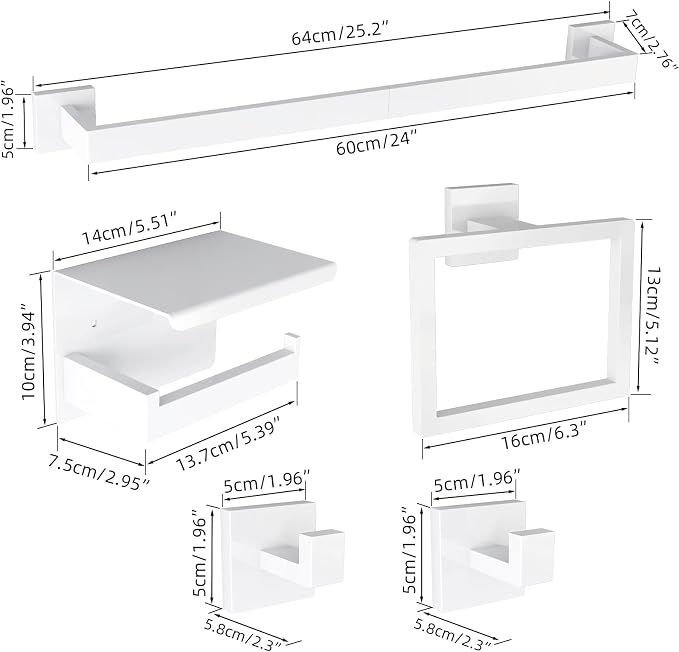 5-Pieces Bathroom Hardware Accessories Set, 24 Inch Stainless Steel Towel Racks for Bathroom, Towel Bar Set Towel Ring Coat Hook and Toilet Paper Holder with Shelf Wall Mounted, White