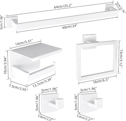5-Pieces Bathroom Hardware Accessories Set, 24 Inch Stainless Steel Towel Racks for Bathroom, Towel Bar Set Towel Ring Coat Hook and Toilet Paper Holder with Shelf Wall Mounted, White