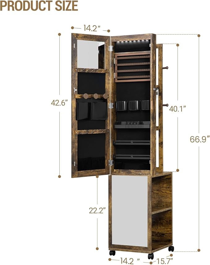 Hzuaneri 8 LEDs Jewelry Cabinet Armoire, 66.9-inch Jewelry Organizer | Lockable Full-length Mirror with Garment Rack & 4 Wheels, Storage Shelves with Hooks, 5-in-1, Toasted Oak JC17007B