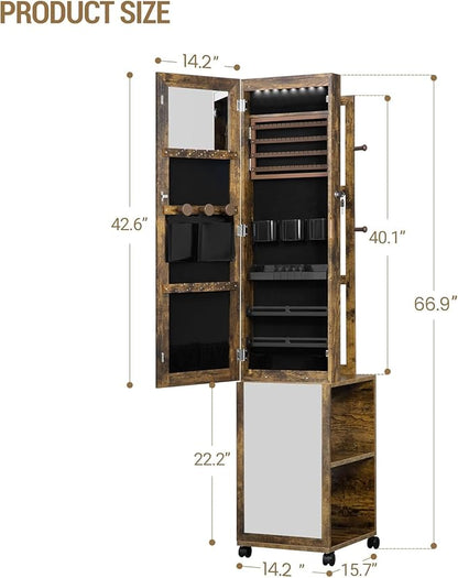 Hzuaneri 8 LEDs Jewelry Cabinet Armoire, 66.9-inch Jewelry Organizer | Lockable Full-length Mirror with Garment Rack & 4 Wheels, Storage Shelves with Hooks, 5-in-1, Toasted Oak JC17007B