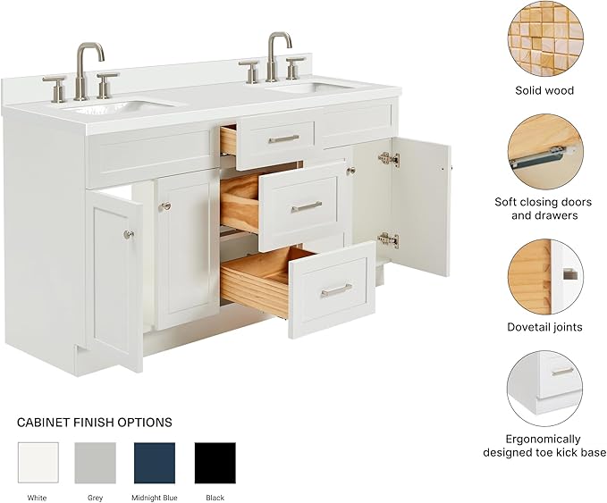ARIEL Hamlet 66-inch Bathroom Vanity with Sink,Solid Wood, 1.5-inch Pure White Quartz Countertop & Backsplash, Double Rectangular Porcelain Sink, 4 Soft Closing Doors, 3 Dovetail Drawers, White