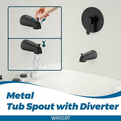 Black Shower Faucet Set with Tub Spout, Black Shower Head and Handle Set, Bathtub Faucet Set with 6 Inch High-Pressure Rain Showerhead