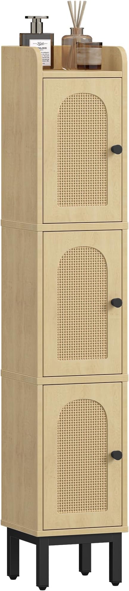 Slim Bathroom Storage Cabinet, Narrow Bathroom Organizers and Storage with 4 Adjustable Feet, Laundry Room Organization for Small Space, Kitchen, Living Room, 3 Doors Rattan Yellow BC22302Y