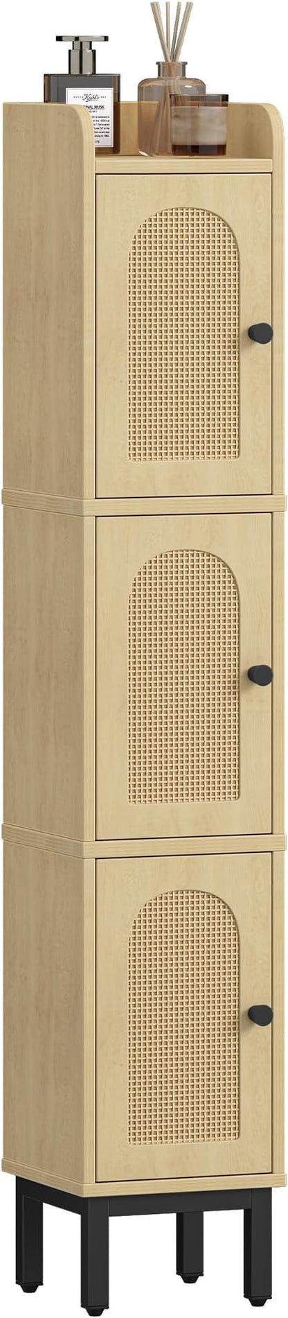 Slim Bathroom Storage Cabinet, Narrow Bathroom Organizers and Storage with 4 Adjustable Feet, Laundry Room Organization for Small Space, Kitchen, Living Room, 3 Doors Rattan Yellow BC22302Y