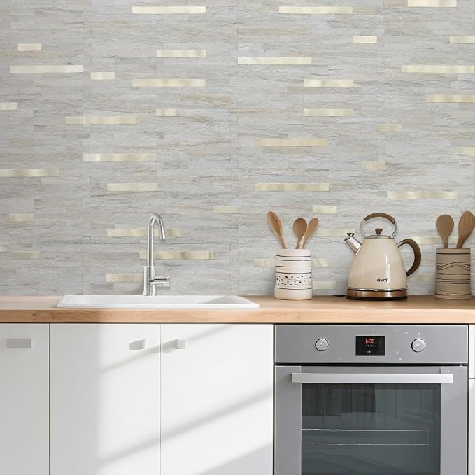 AULIGET 2 Sheets Faux Stone Peel and Stick Backsplash, Beige Marble Look PVC Wall Tile Stick on Backsplash for Kitchen and Bathroom