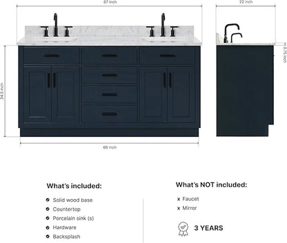 ARIEL Hepburn 66-inch Bathroom Vanity with Sink,Solid Wood, 0.75-inch Italian Carrara Marble Countertop, Double Rectangular Porcelain Sink, 4 Soft Closing Doors, 6 Dovetail Drawers, Midnight Blue