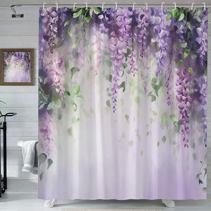 Purple Floral Lavender Flower Shower Curtain Spring Watercolor Weeping Wisteria Blossom Vine Leaves on Blurred Background with Dreamy Colors Girl Woman Bathroom Decor Set Polyester Curtains with Hooks
