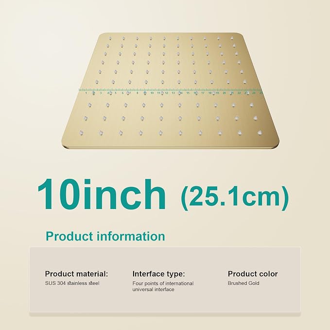 Square Rain Shower Head, High Flow Stainless Steel,Work with any decorative style，All Metal Rainfall Shower Head (Brushed Gold, 10)