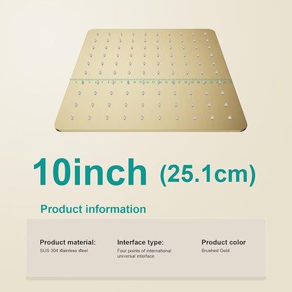 Square Rain Shower Head, High Flow Stainless Steel,Work with any decorative style，All Metal Rainfall Shower Head (Brushed Gold, 10)
