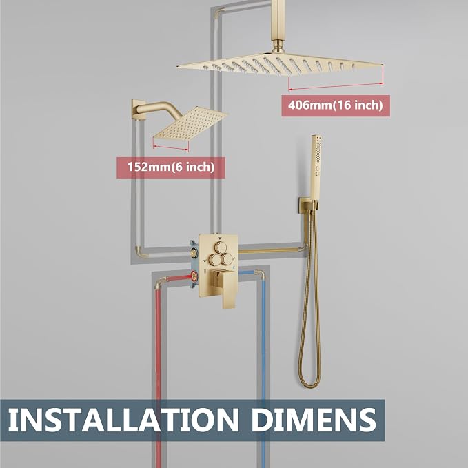 Aolemi Ceiling Shower Faucet Set System Dual Head 16&6 Inch Brushed Gold | 2 in 1 Handheld Spray,Shower Valve and Trim Kit,Push Button Diverter, 16"Top+6" Wall Rain Head,Bathroom Mixer for Couple