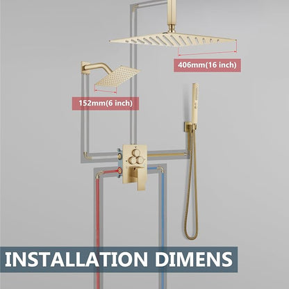 Aolemi Ceiling Shower Faucet Set System Dual Head 16&6 Inch Brushed Gold | 2 in 1 Handheld Spray,Shower Valve and Trim Kit,Push Button Diverter, 16"Top+6" Wall Rain Head,Bathroom Mixer for Couple