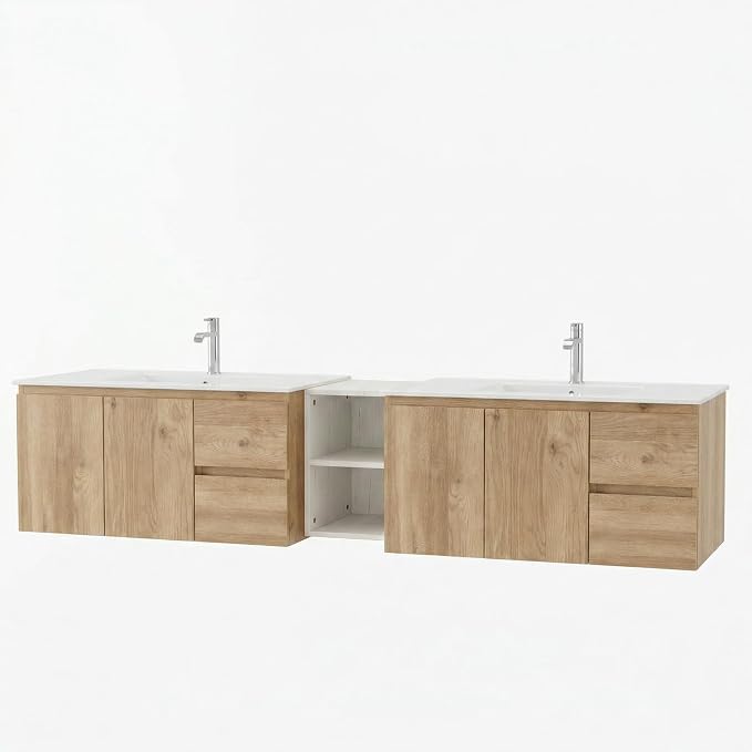 84" Modern Floating Double Sink Bathroom Vanity, Wall Mounted Bathroom Cabinet with U-Shaped Drawers, Beveled Invisible Handles Open Side Shelf, FSC Certified Wood Veneer (White, 84 lnch)