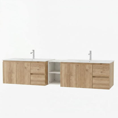 84" Modern Floating Double Sink Bathroom Vanity, Wall Mounted Bathroom Cabinet with U-Shaped Drawers, Beveled Invisible Handles Open Side Shelf, FSC Certified Wood Veneer (White, 84 lnch)