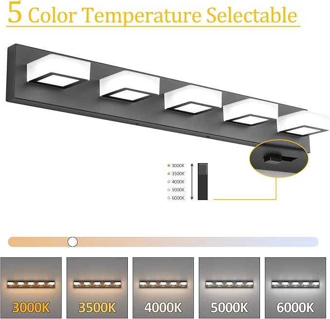 Ralbay 5 Color Temperature Black Vanity Lights Dimmable Acrylic Modern LED Black Bathroom Vanity Lighting Fixtures 34inch