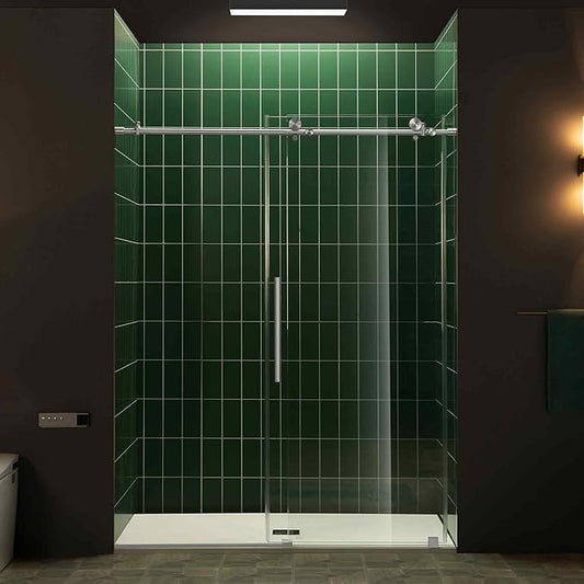 Woodbridge 56-60" W x 80" H Frameless Single Sliding Shower Door with Tempered Glass & Explosion Proof Film in Chrome Finish