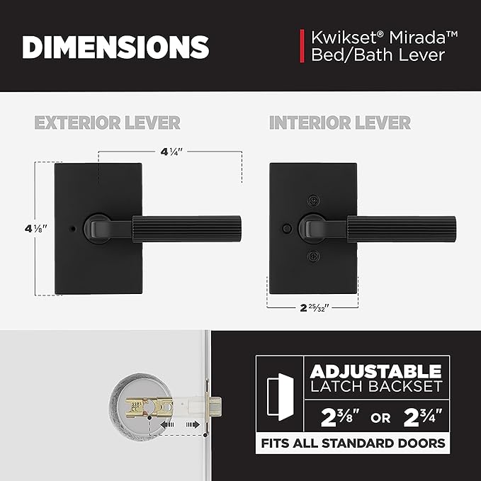 Kwikset Mirada Reeded Interior Privacy Door Handle with Lock, Handle for Bathroom and Bedroom, Matte Black, Reversible Keyless Push Button Lock, with Microban Protection