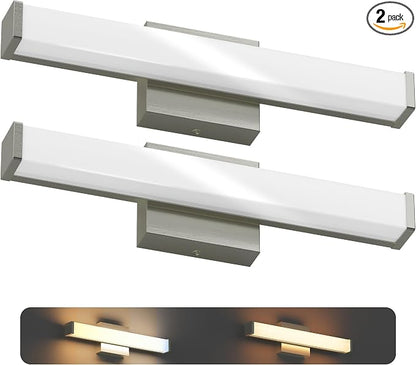 18 Inch Bathroom Vanity Light Fixtures with Night Light: Long Square Wall Mounted LED Lighting Bar Over Mirror with 5CCT & 2200K Color Changing, 120V, 780-900lm, ETL, Brushed Nickel, 2 Packs