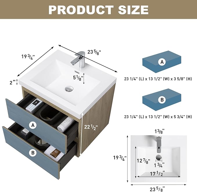 Floating Vanity Bathroom, 24 Inch Bathroom Vanity with Sink, Wall Mounted Single Sink Bathroom Vanity, Soft Closed 2 Drawers, Integrated Sink (Natural Oak)