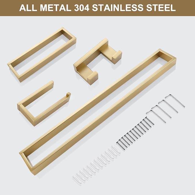 Lairuier Brushed Gold Bathroom Hardware Accessories, 4PCS Towel Bar Set | Including Towel Bar, Towel Holder, Toilet Paper Holder, Towel Hook, SUS304 Stainless Steel Bathroom Towel Holder Hardware Set