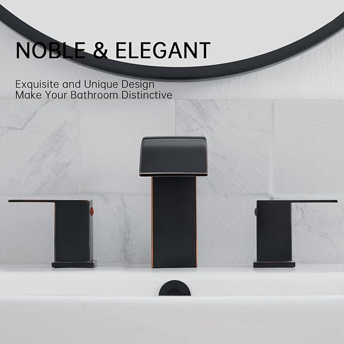 RUMOSE 8 inch Bathroom Faucets Set Oil Rubbed Bronze Bathroom Sink Faucet 3 Hole with Pop Up Drain Widespread 2 Handles Stainless Steel Lavatory Vanity Faucet Waterfall Deck Mounted