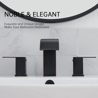 RUMOSE 8 inch Bathroom Faucets Set Oil Rubbed Bronze Bathroom Sink Faucet 3 Hole with Pop Up Drain Widespread 2 Handles Stainless Steel Lavatory Vanity Faucet Waterfall Deck Mounted