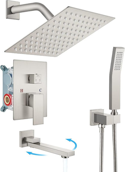 gotonovo Tub Shower Faucet Set with Valve Kit 8’’ Head,Brushed Nickel | Shower System with Tub Spout,SUS304 Rain Head with Handheld Sprayer,Swivel Spout,All Metal,Rough-In Valve Trim Kit,Wall Mount