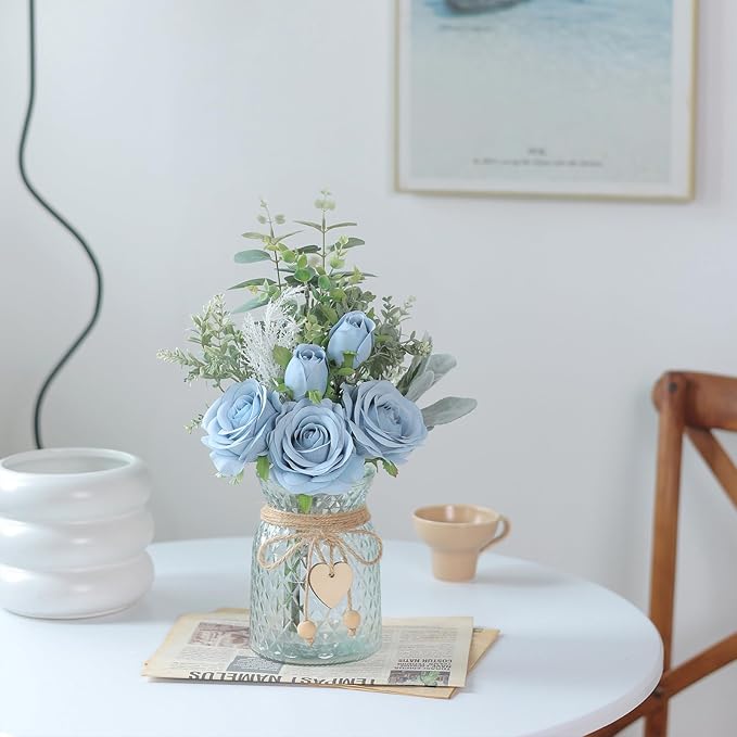 14.5"Faux Flowers with Vase,Artificial Silk Roses in Vase(Dusty Blue) | Realistic Fake Plant Faux Eucalyptus,Flower Arrangement for Home Office Farmhouse Bathroom Dining Table Centerpiece Decor