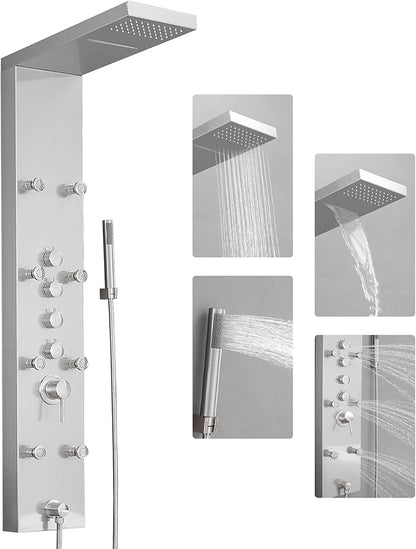 Shower Panel Tower System, 4 in 1 Stainless Steel Rainfall Shower Panels with 4-Functions, 8 Body Massage Jets, Handheld Head, Wall Mounted Brushed Nickel