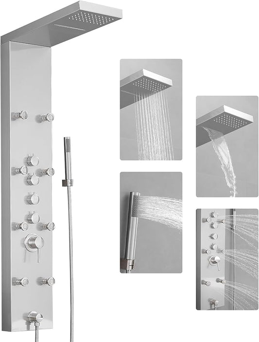 Shower Panel Tower System, 4 in 1 Stainless Steel Rainfall Shower Panels with 4-Functions, 8 Body Massage Jets, Handheld Head, Wall Mounted Brushed Nickel