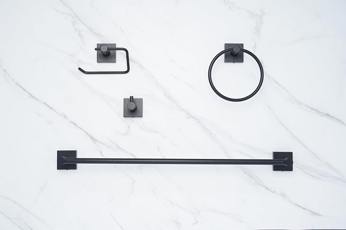 SENTO VINTO Bathroom Accessories Set, Heavy Duty Metal Bath Hardware Set Wall Mounted, Includes Robe Hook, Standard Toilet Paper Holder, Towel Ring, 24” Towel Bar (4-Piece, Matte Black)
