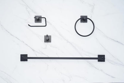 SENTO VINTO Bathroom Accessories Set, Heavy Duty Metal Bath Hardware Set Wall Mounted, Includes Robe Hook, Standard Toilet Paper Holder, Towel Ring, 24” Towel Bar (4-Piece, Matte Black)
