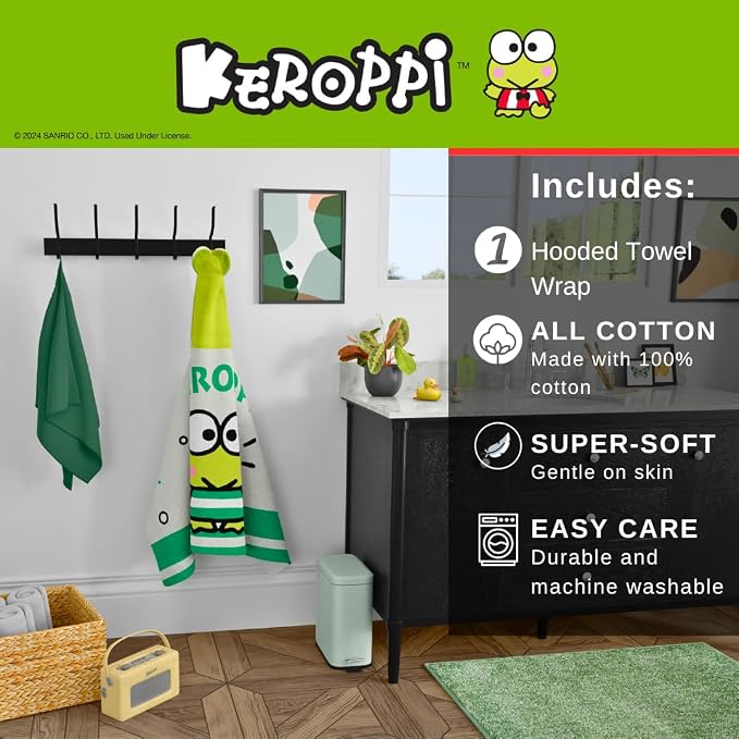 Sanrio Keroppi Kids Super Soft Bath/Pool/Beach Soft Cotton Terry Hooded Towel Wrap, 24 in x 50 in, (Officially Licensed Product) by Franco