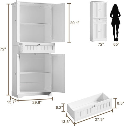 ChooChoo 72" H Tall Bathroom Floor Cabinet, Modern Bathroom Storage Cabinet with Drawer and Adjustable Shelves, Freestanding Kitchen Pantry Cupboard with 4 Doors for Living Room, White