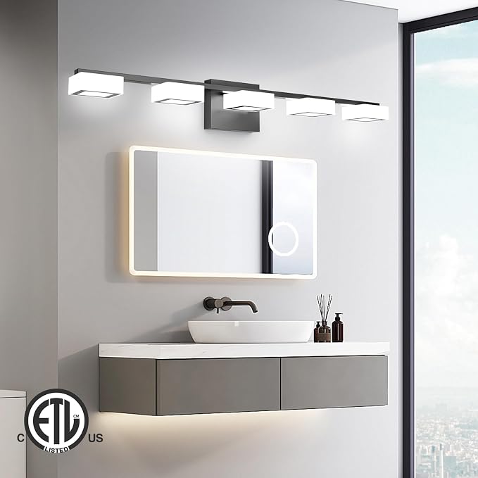 LED Modern Bathroom Light Fixtures Over Mirror, 5-Light Dimmable Vanity Lights, Matte Black Acrylic Bathroom Vanity Light, 2700K-6500K Adjustable, ETL Certificated