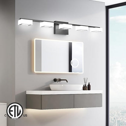 LED Modern Bathroom Light Fixtures Over Mirror, 5-Light Dimmable Vanity Lights, Matte Black Acrylic Bathroom Vanity Light, 2700K-6500K Adjustable, ETL Certificated