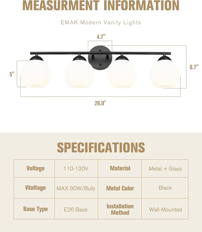 Emak 29 Inch Black Vanity Light with Milk Glass Shade, Farmhouse Globe Bathroom Light Fixtures Over Mirror, Modern 4-Light Bathroom Vanity Light, VL114-BK-ML-4
