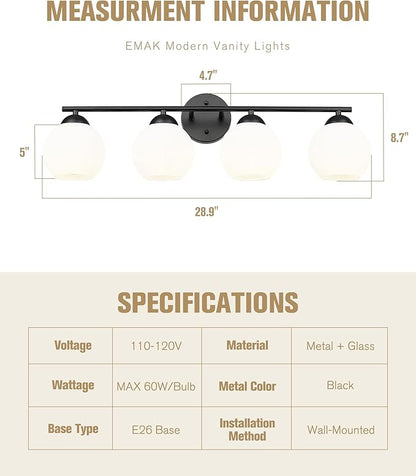Emak 29 Inch Black Vanity Light with Milk Glass Shade, Farmhouse Globe Bathroom Light Fixtures Over Mirror, Modern 4-Light Bathroom Vanity Light, VL114-BK-ML-4