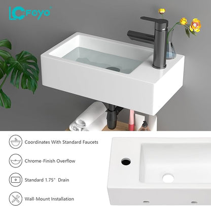 Small Bathroom Sink - 18"x10" Wall Mount Rectangular Ceramic Vessel Sink White Porcelain Floating Vanity Sink for Tiny Bathrooms with Faucet & Drain Combo (Right Hand Bowl Options)